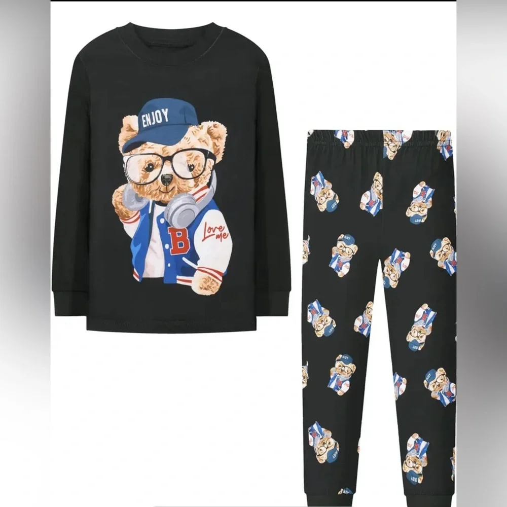 Boy's Bear Casual Thermal Underwear Set, Round Neck Long Sleeve & Trouser